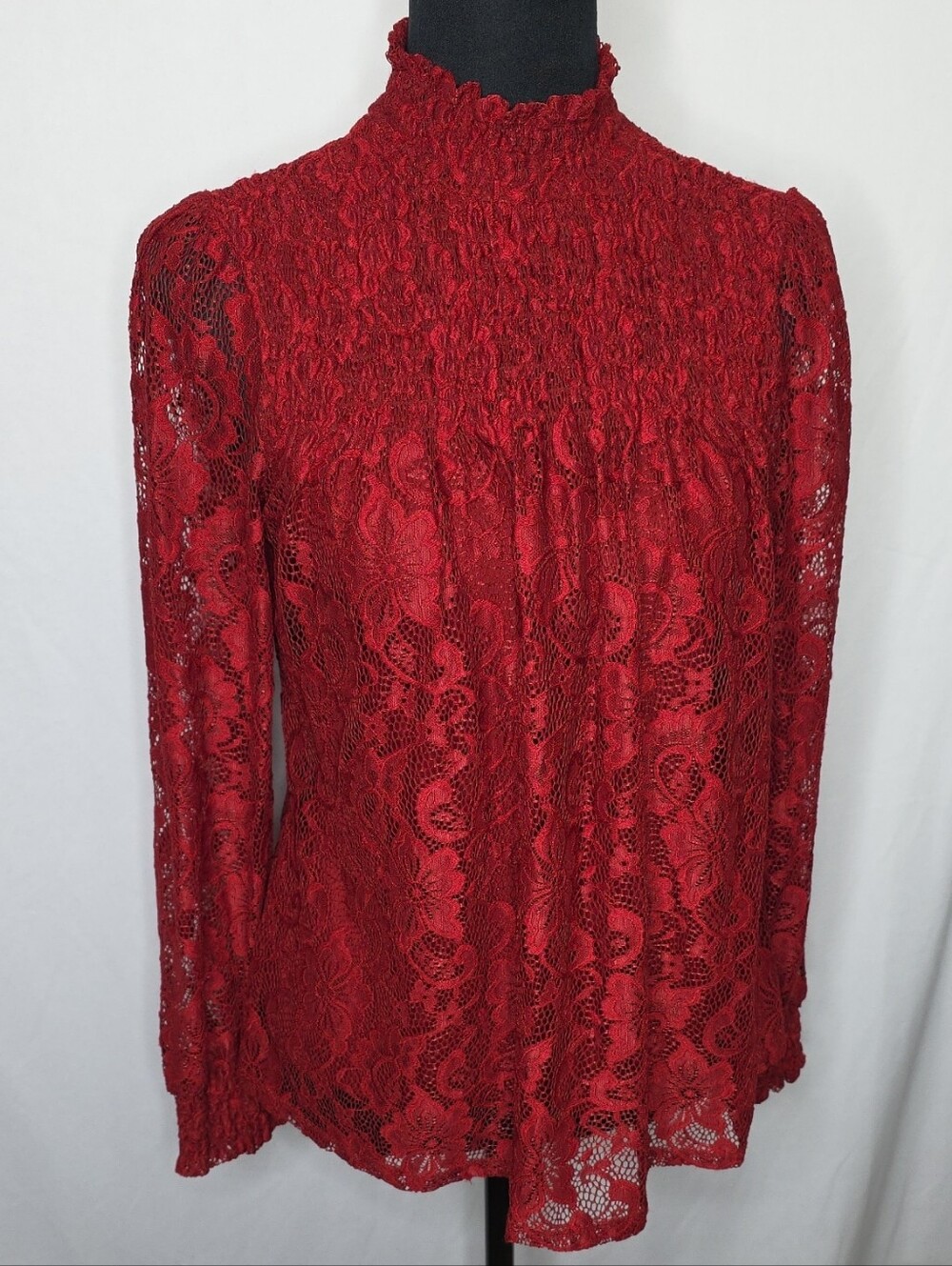 Cable & Guage Rich Red Lace High-Neck Smocked Blouse
